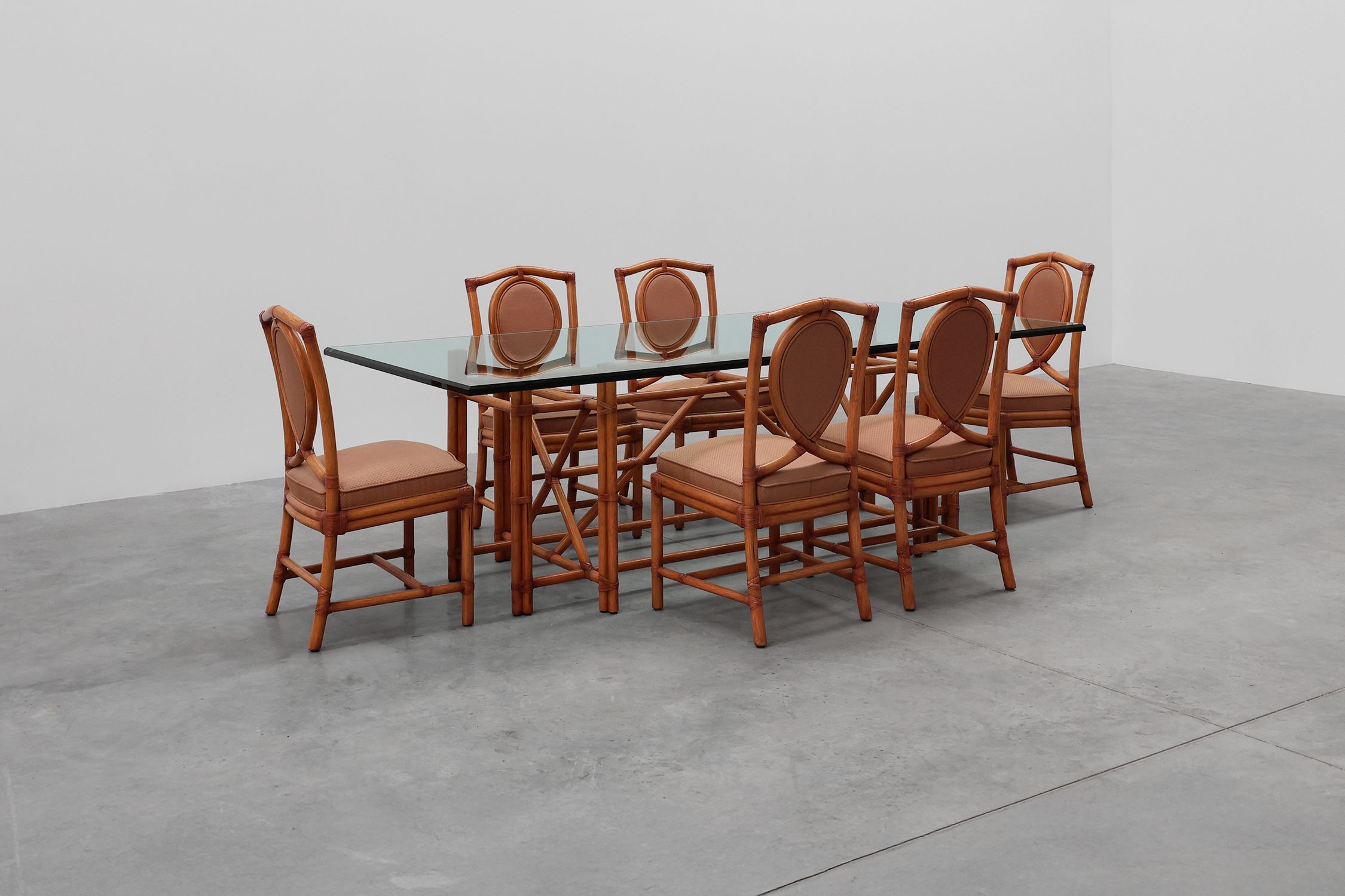 Set of 6 bamboo dining room chairs with geometric upholstery by Gasparucci, Italy 1980sthumbnail